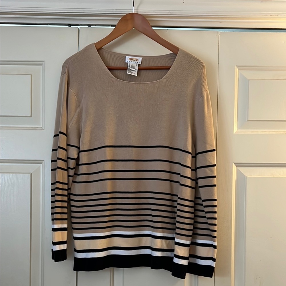 Tan and Black Crewneck Striped Sweater